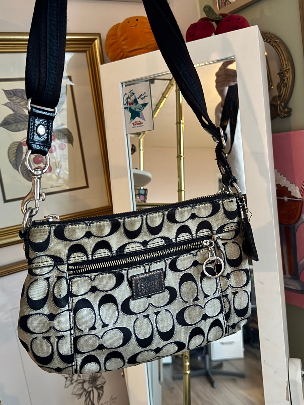 Coach Metallic Silver & Black Signature Shoulder Bag - Picture 3 of 6